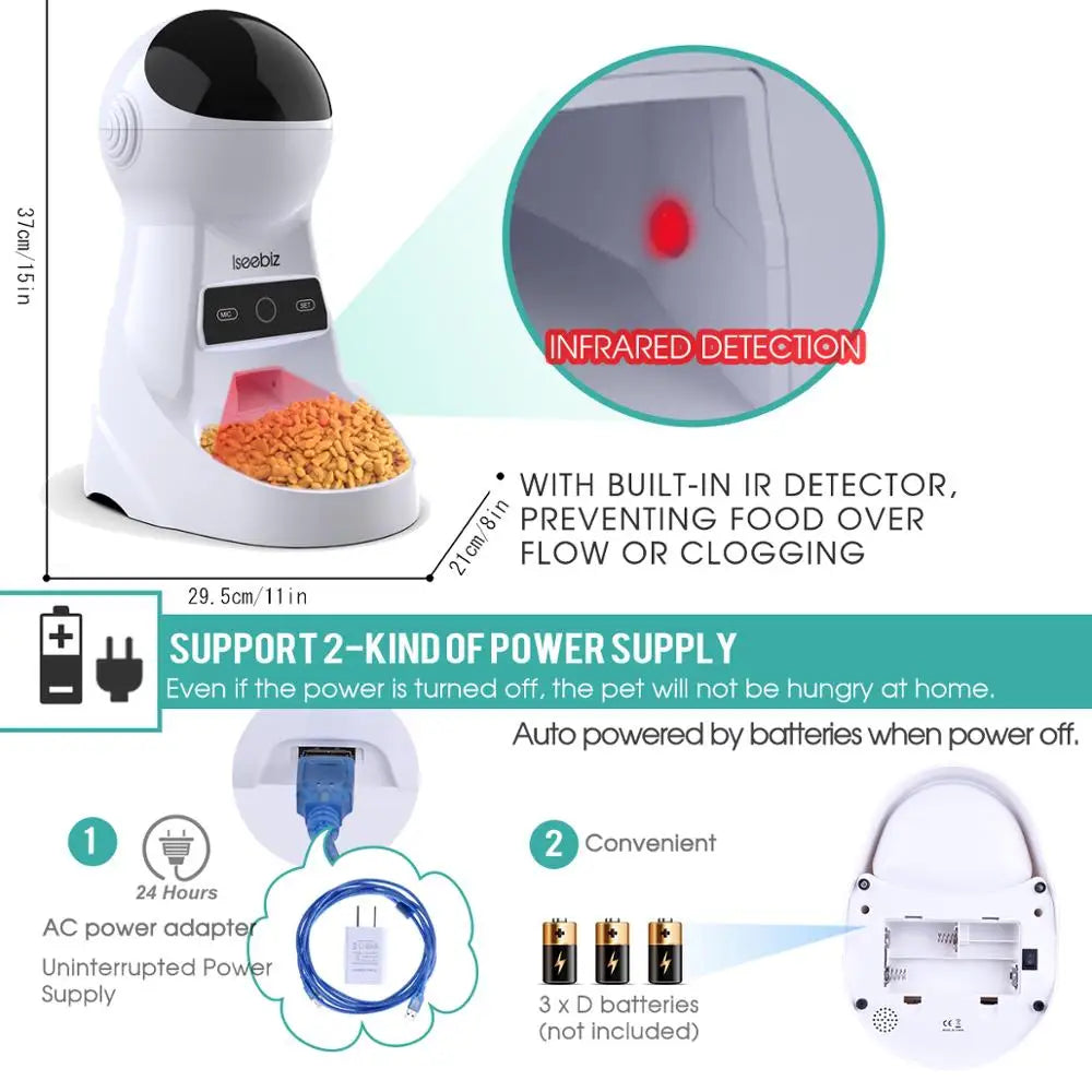 Iseebiz 3L Automatic Pet Feeder With Voice Record Pets Food Bowl For Medium Small Dog Cat LCD Screen Dispensers 4 Times One Day - Love Your Pet Life