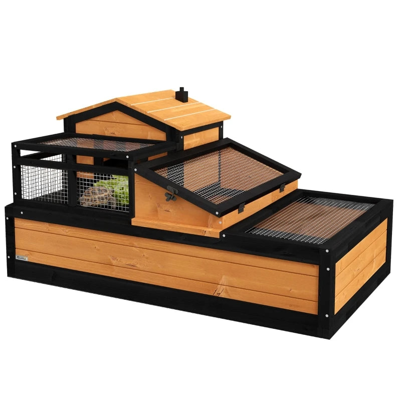 3-Room Tortoise House Habitat, Indoor/Outdoor Wooden Tortoise Enclosure with Ladder, Tray, Openable Roof, Large Reptile Cage - Love Your Pet Life
