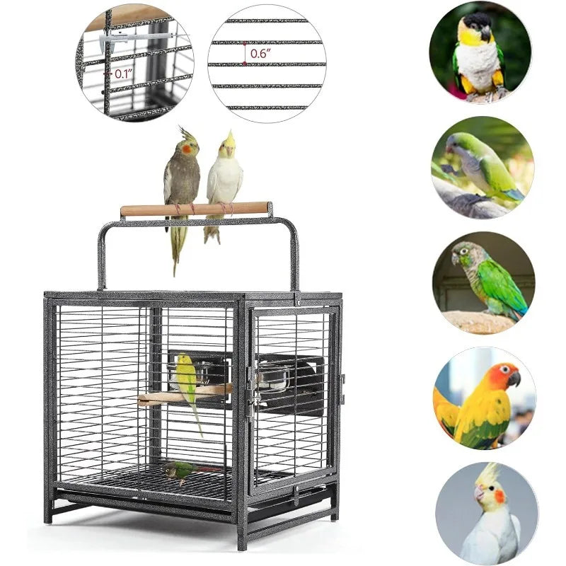 25.5'' Wrought Iron Bird Travel Carrier Cage Parrot Cage with Handle Wooden Perch & Seed Guard - Love Your Pet Life
