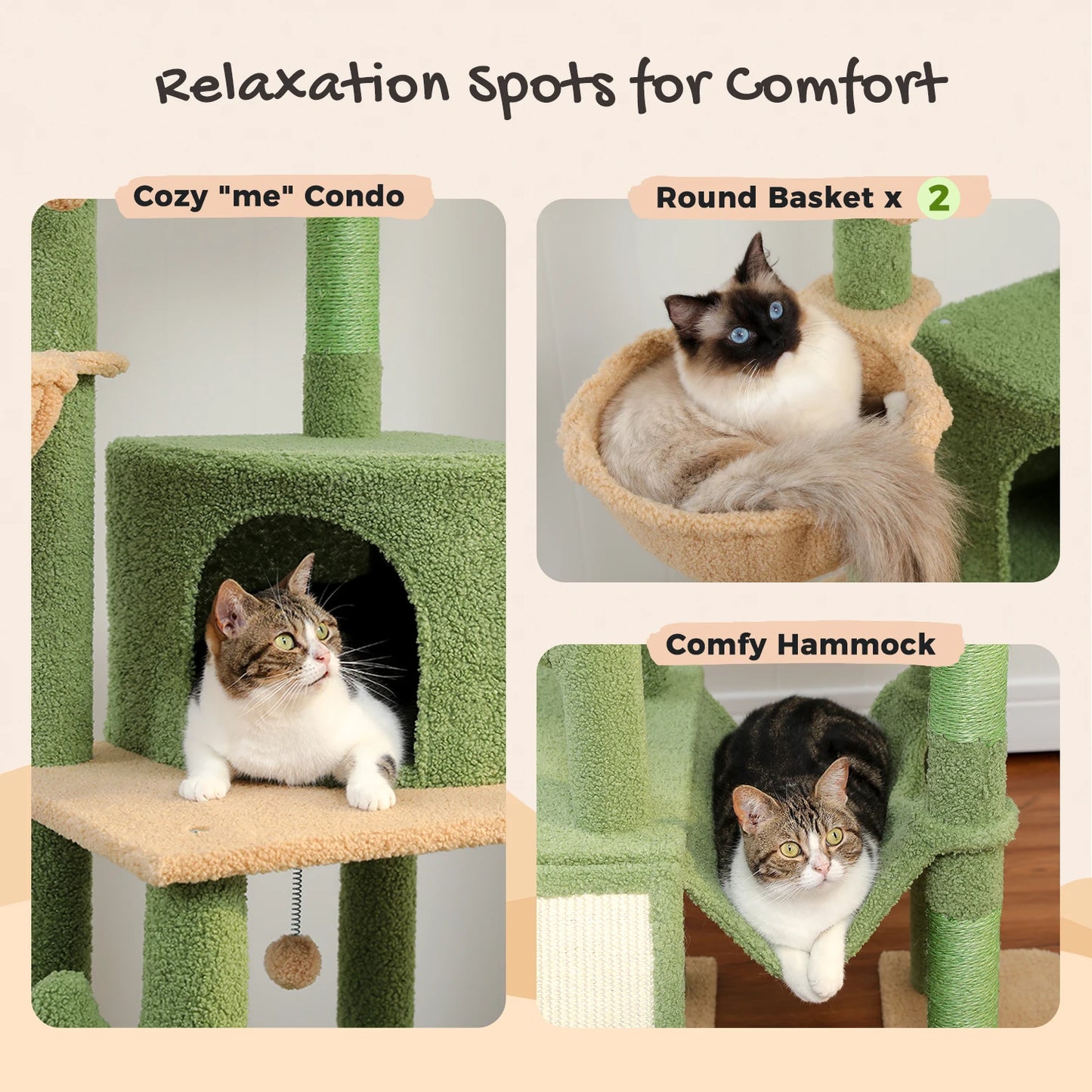 Cactus Cat Tree Floor to Ceiling Cat Tower with Adjustable Height 216-285CM 7 Tiers Climbing Tree with Cozy Hammocks and Condos - Love Your Pet Life