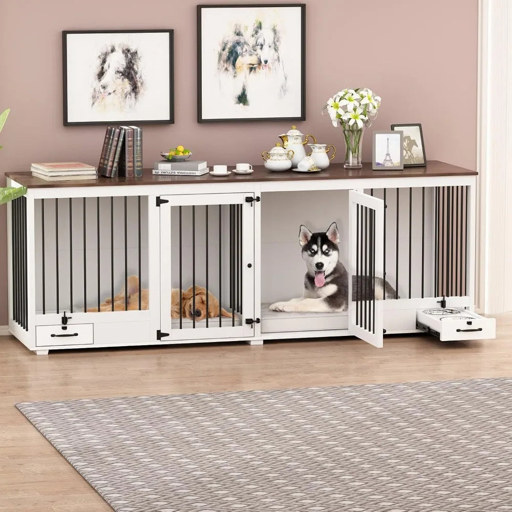 Dog Crate for 2 Dogs, 86.6" Heavy Duty Wooden Dogs Kennel with Bowl Drawers & Divider, Indoor Furniture Style Dog Kennel