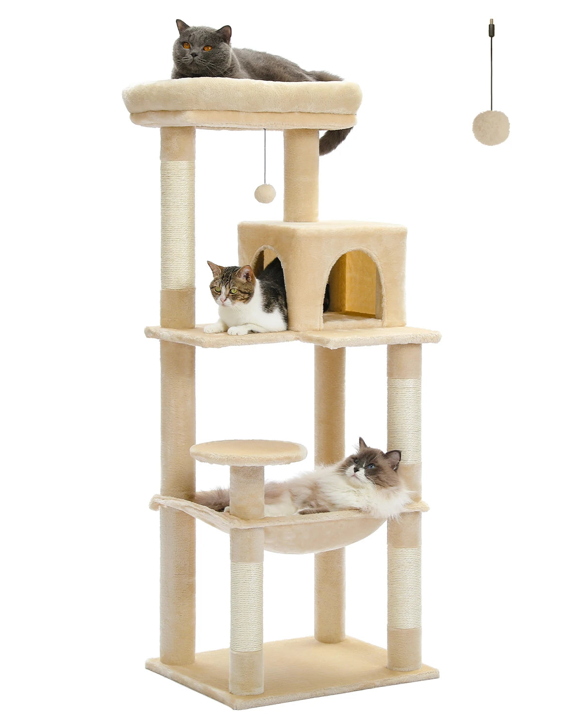 143Cm Tall Multi-Level Cat Tower With Large Hammock (50.8x40.64cm), Sisal Scratching Posts, Cozy Condo & Top Perch Cat Tree - Love Your Pet Life