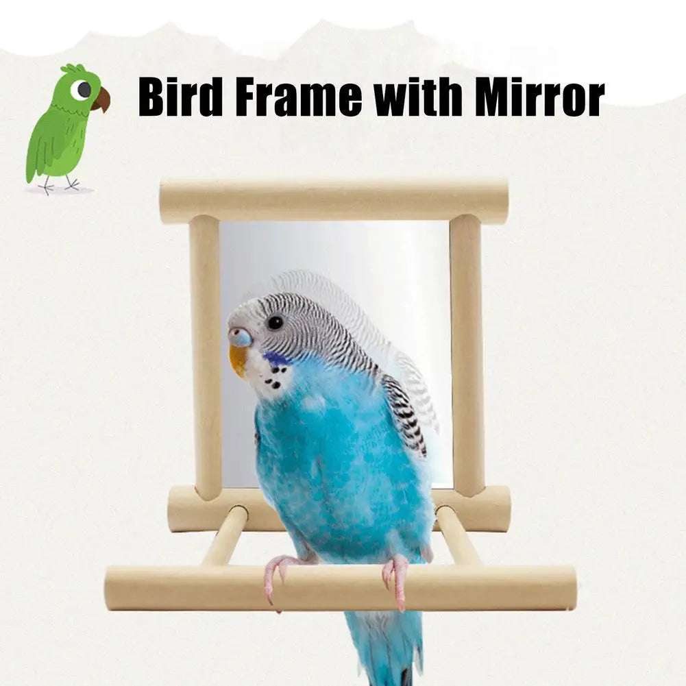 Bird Mirror With Perch Bird Perch Mirror Toy Stand Bird Toy For Parrot Parakeets Cockatiels Cage Accessories Wooden Bird Toy