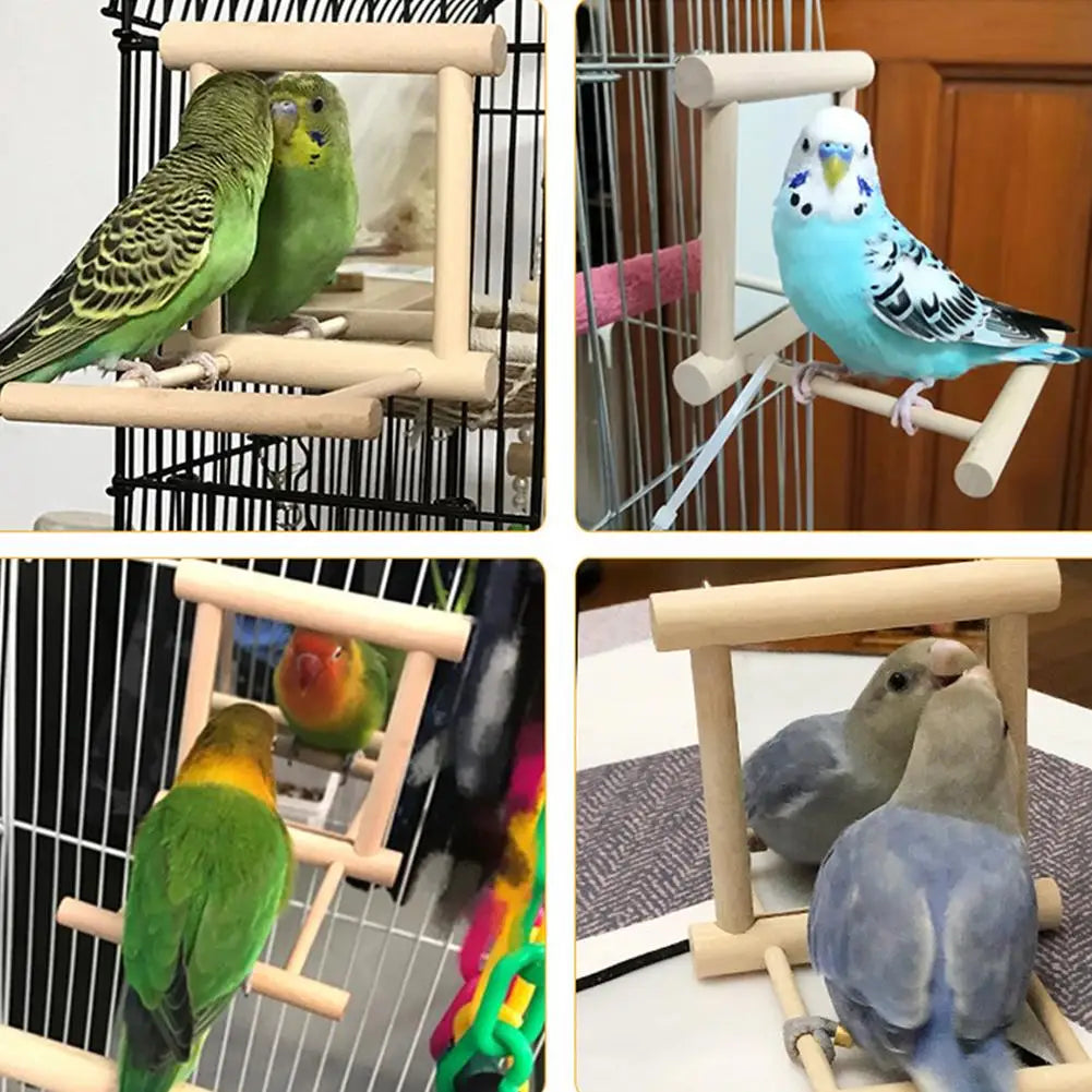 Bird Mirror With Perch Bird Perch Mirror Toy Stand Bird Toy For Parrot Parakeets Cockatiels Cage Accessories Wooden Bird Toy