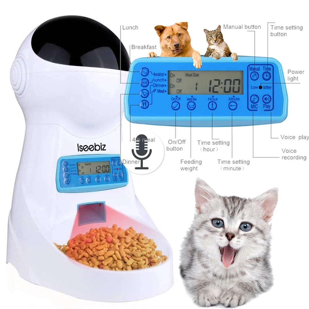 Iseebiz 3L Automatic Pet Feeder With Voice Record Pets Food Bowl For Medium Small Dog Cat LCD Screen Dispensers 4 Times One Day - Love Your Pet Life