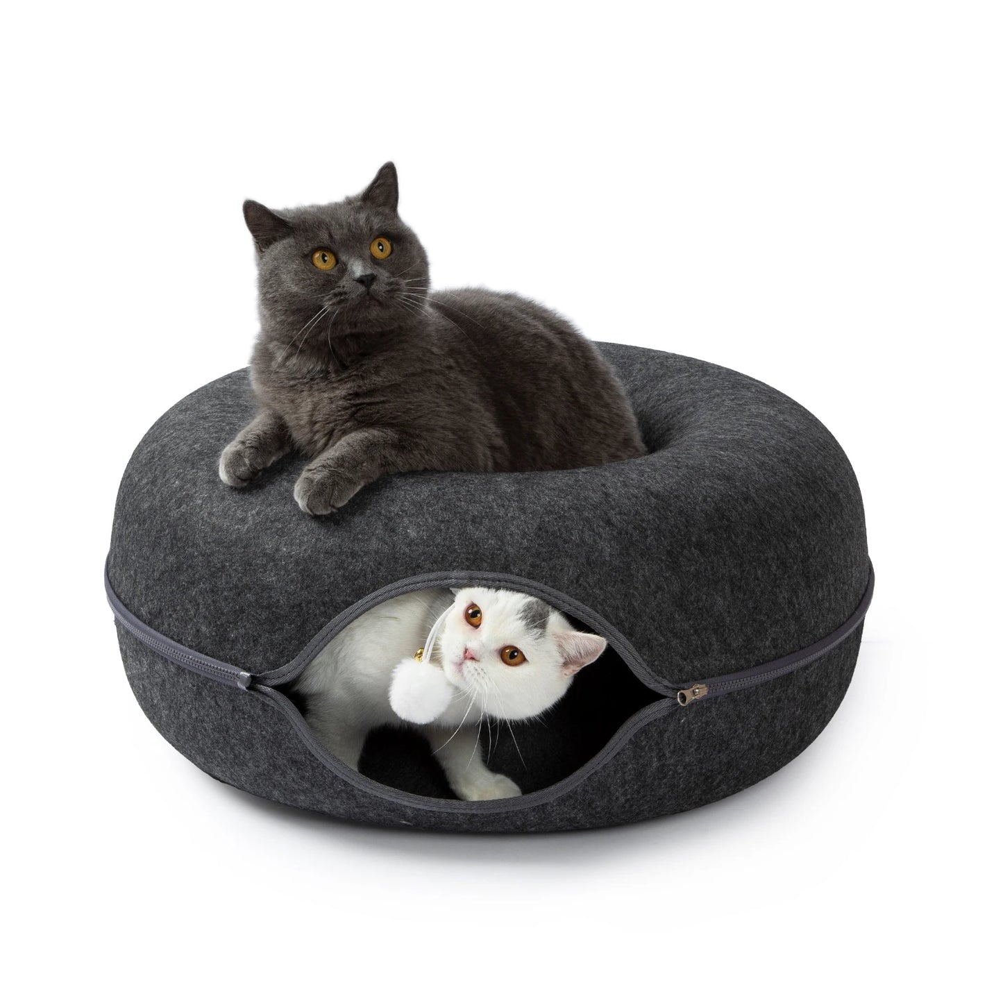 24 Inch Large Donut Cat Bed - Spacious Peekaboo Cat Cave for Multiple Cats Up to 30 Lbs, Detachable and Washable Wool Felt Tunne