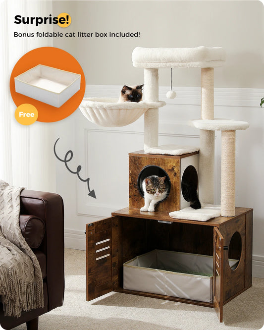 Multi-Level Cat Tower with Foldable Cat Litter Box Wood Cat Tree with Condo Scratching Post Kitten Bed Cat Accessories Cat Toys - Love Your Pet Life