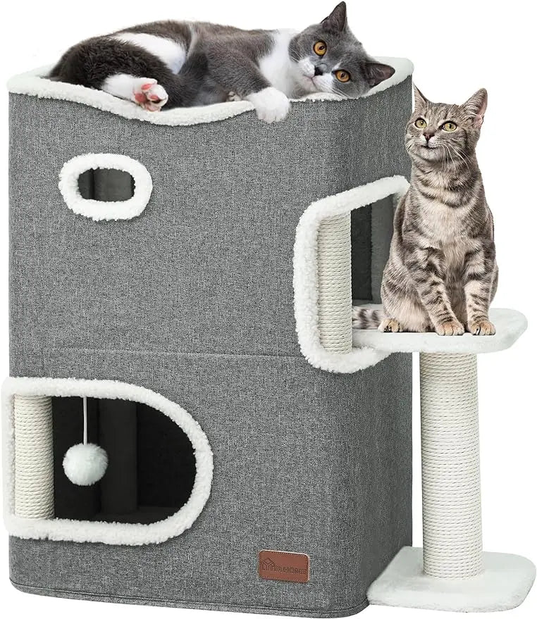 2 Level Cat Bed for Indoor Cats, Cave House with Scratching Post, Climbing Stand, Scratch Pad and Hanging Fluffy Ball, - Love Your Pet Life