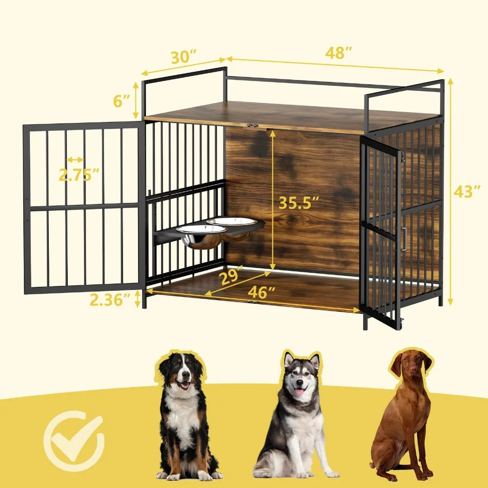 2024 New Dog Crate with Two 360° & Adjustable Stainless Steel Bowls, End Table Dog House, Dog Kennels Indoor Use - Love Your Pet Life