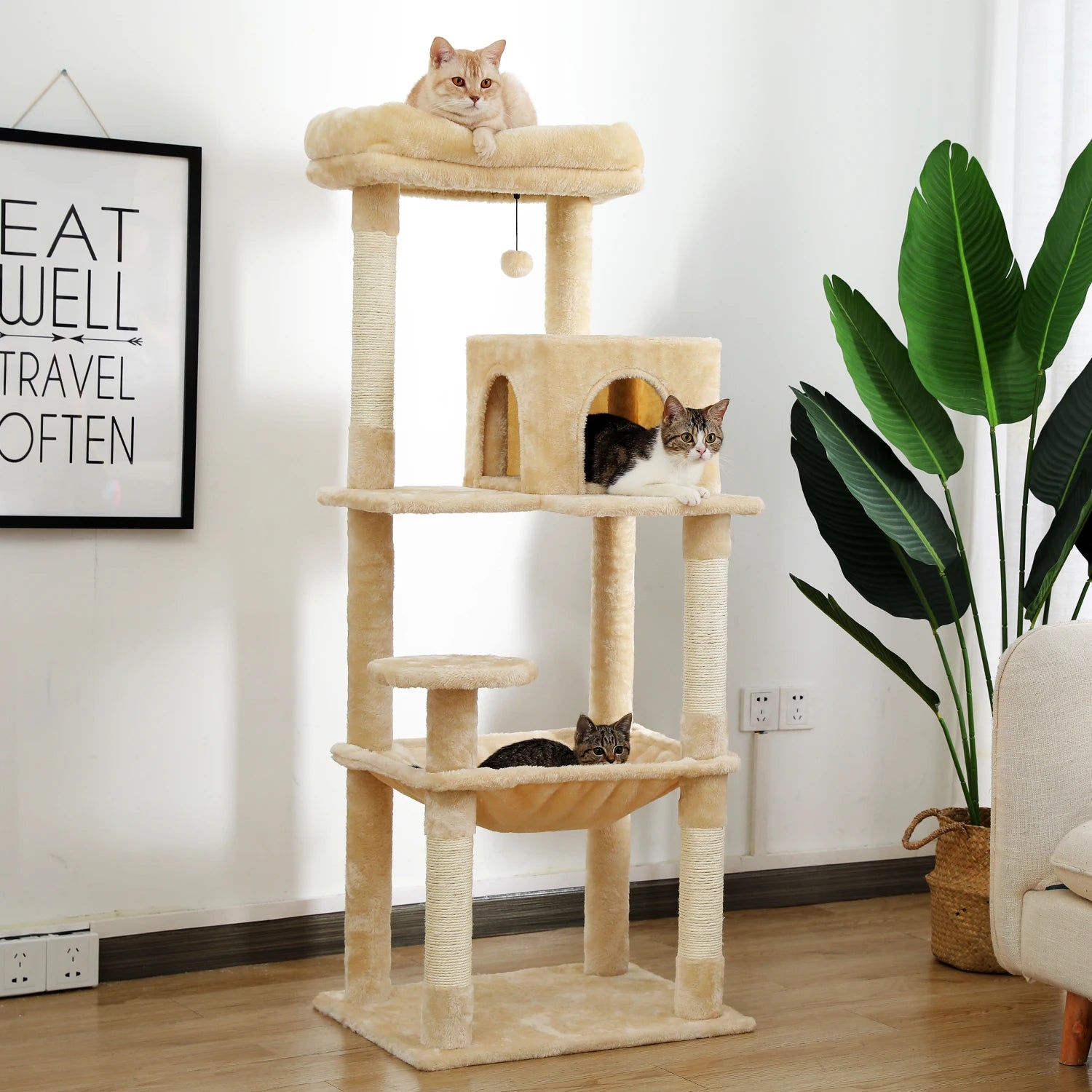 143Cm Tall Multi-Level Cat Tower With Large Hammock (50.8x40.64cm), Sisal Scratching Posts, Cozy Condo & Top Perch  Cat  Tree - Love Your Pet Life