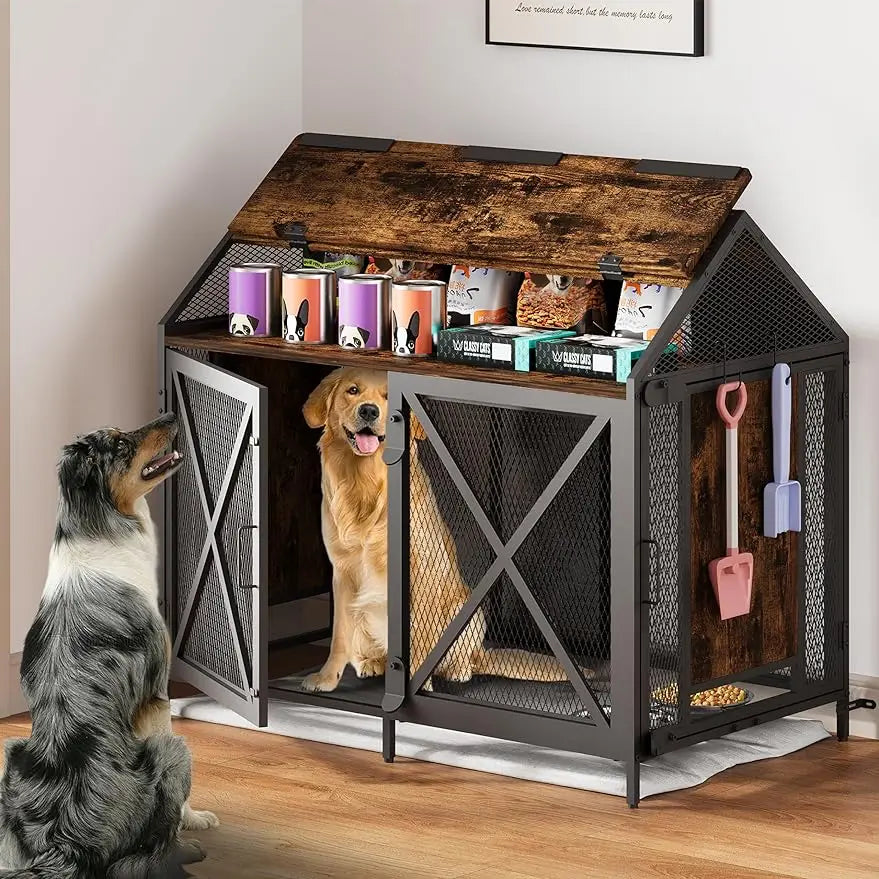 Dog Crate Furniture, Dog Kennels with Storage, Heavy Duty House Style Dog Pet Home with Two Doors Carpet and Bowls, Re - Love Your Pet Life