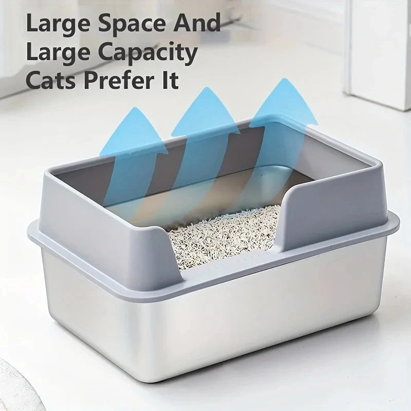 Extra Large Stainless Steel Cat Litter Box with High Wall Enclosure Non-Stick Leak Proof Easy to Clean Includes Lid