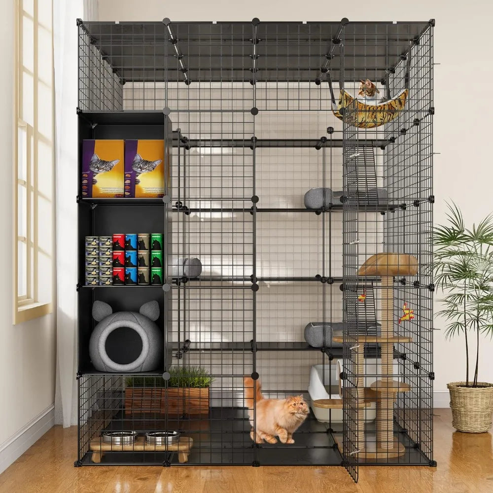 Cat Cage Indoor Large with Storage Cube DIY Outdoor Cat Enclosures Metal Cat Playpen with Hammock Platforms for 1-4 Cats 5 Tiers