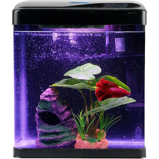 Fish Tank Self Cleaning Glass 2 Gallon Small Nano Aquarium Starter Kits Desktop Room Decor w/LED Light Decorations