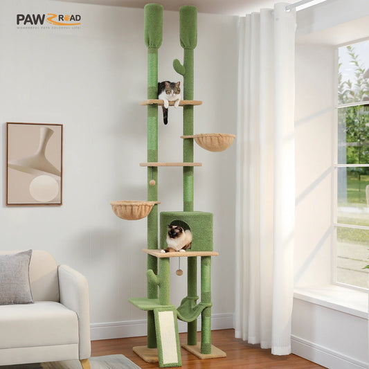 Cactus Cat Tree Floor to Ceiling Cat Tower with Adjustable Height 216-285CM 7 Tiers Climbing Tree with Cozy Hammocks and Condos - Love Your Pet Life