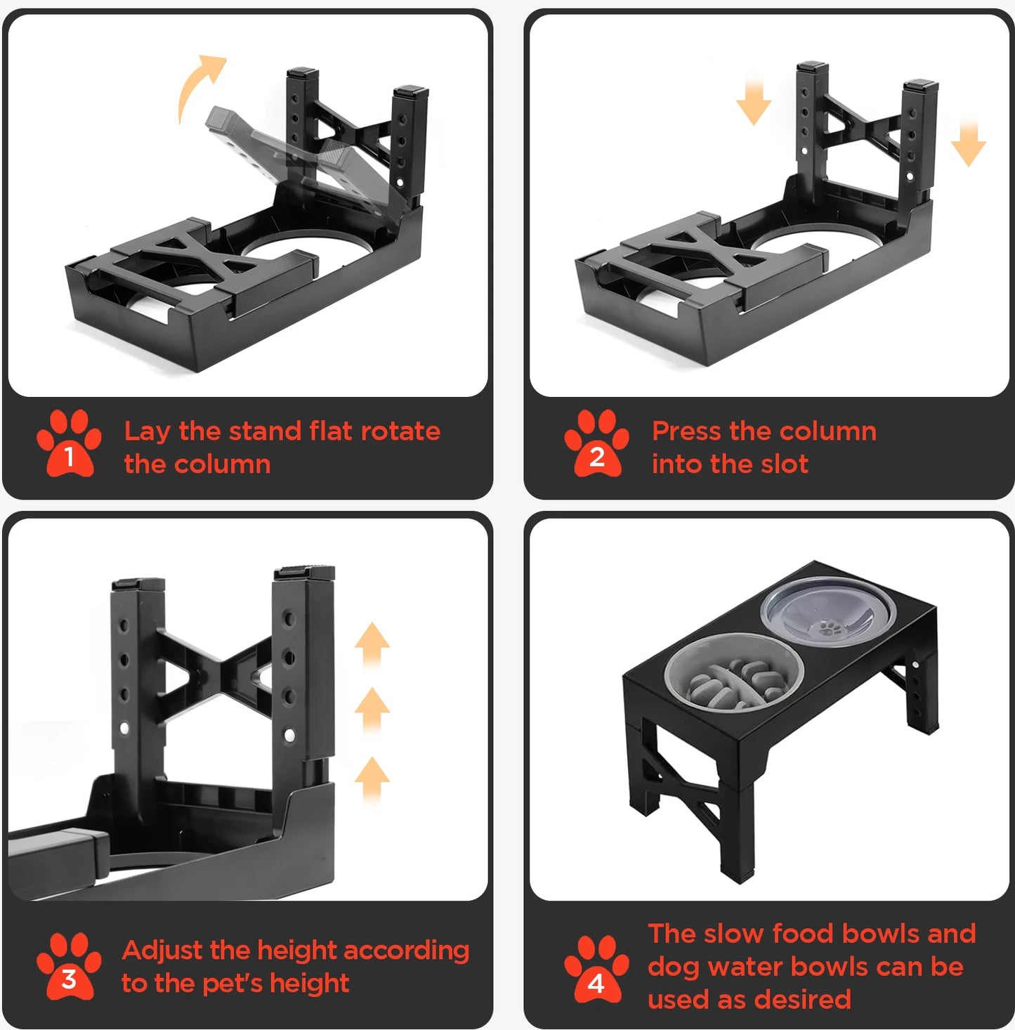 Elevated Slow Feeder Dog Bowl Holder with 5 Height Adjustments for Small, Medium and Large Dogs, Cats and Pets Water Bowls.