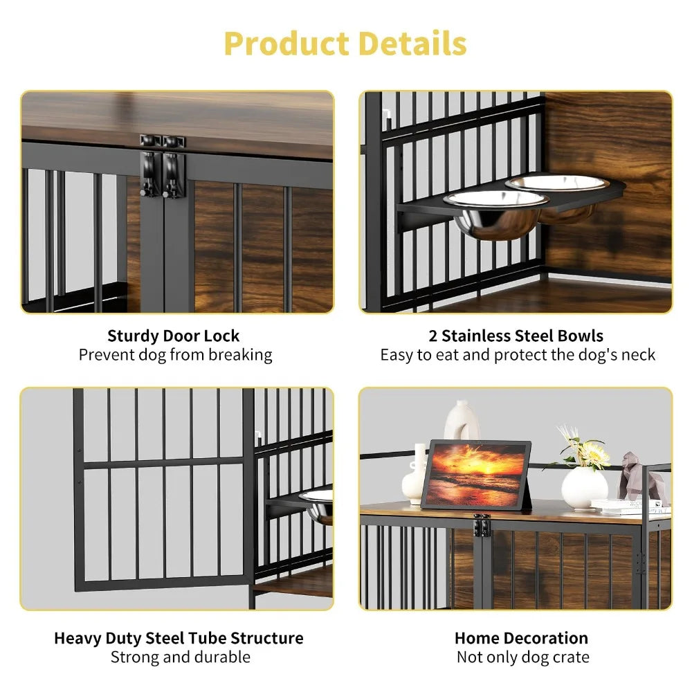 2024 New Dog Crate with Two 360° & Adjustable Stainless Steel Bowls, End Table Dog House, Dog Kennels Indoor Use - Love Your Pet Life