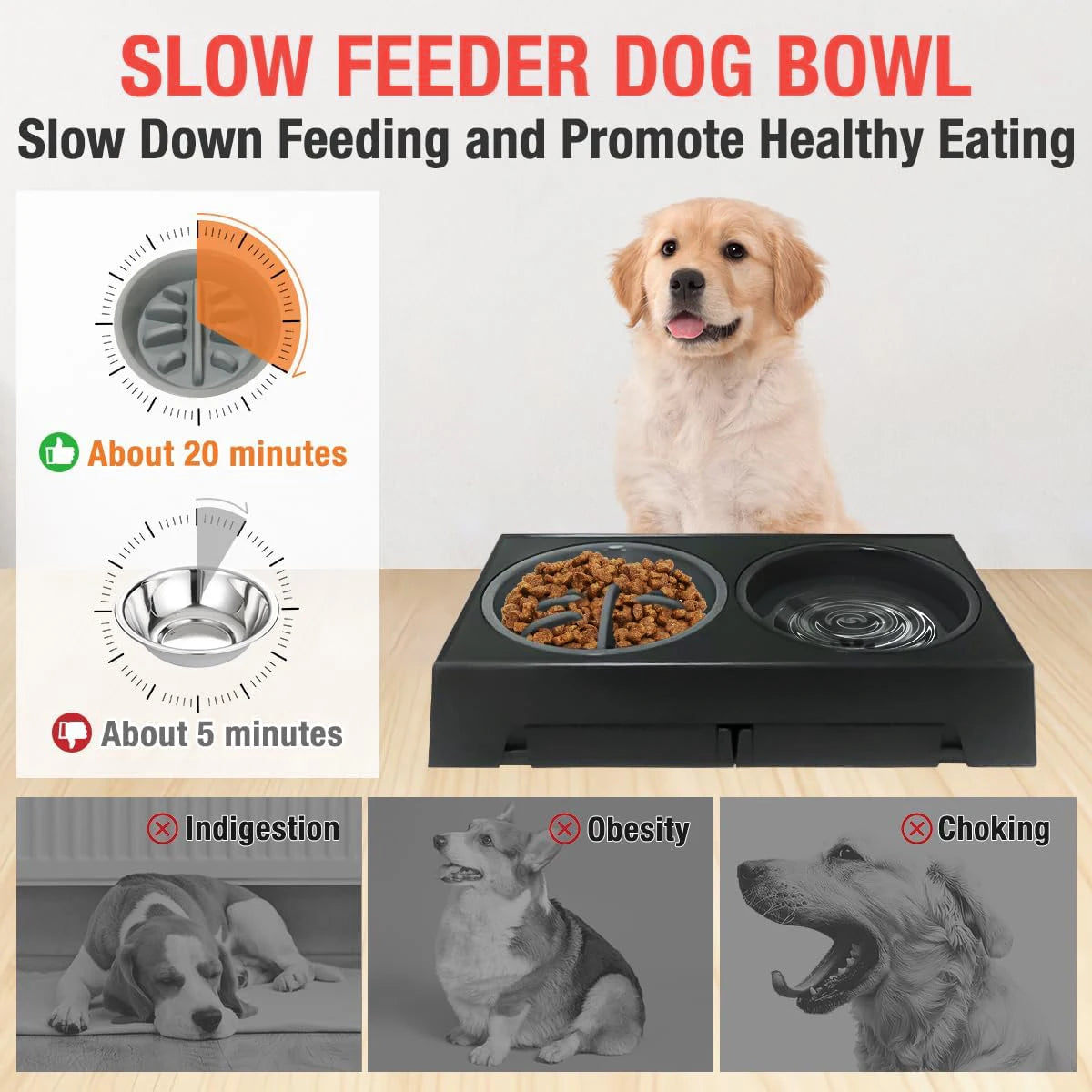 Elevated Slow Feeder Dog Bowl Holder with 5 Height Adjustments for Small, Medium and Large Dogs, Cats and Pets Water Bowls.