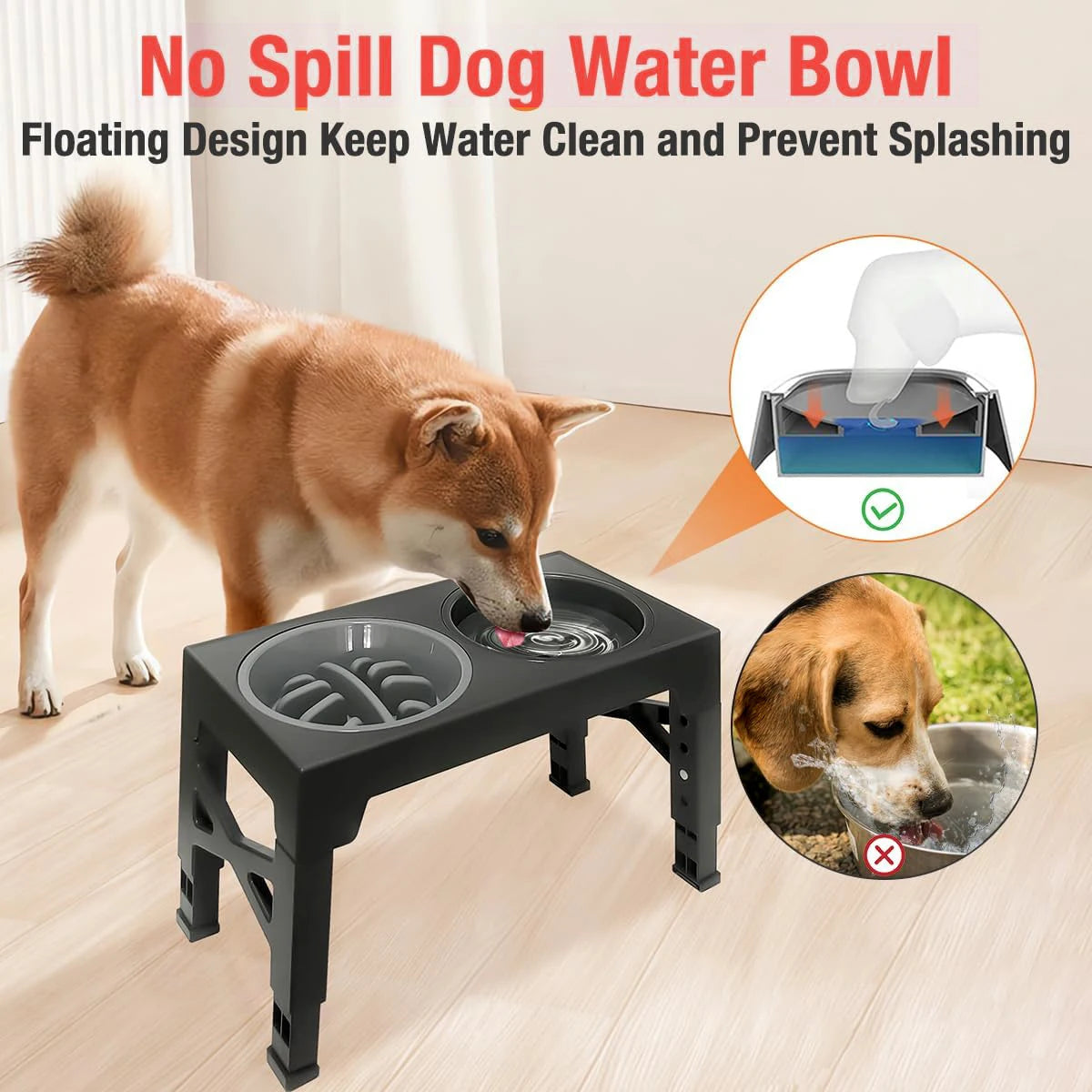 Elevated Slow Feeder Dog Bowl Holder with 5 Height Adjustments for Small, Medium and Large Dogs, Cats and Pets Water Bowls.