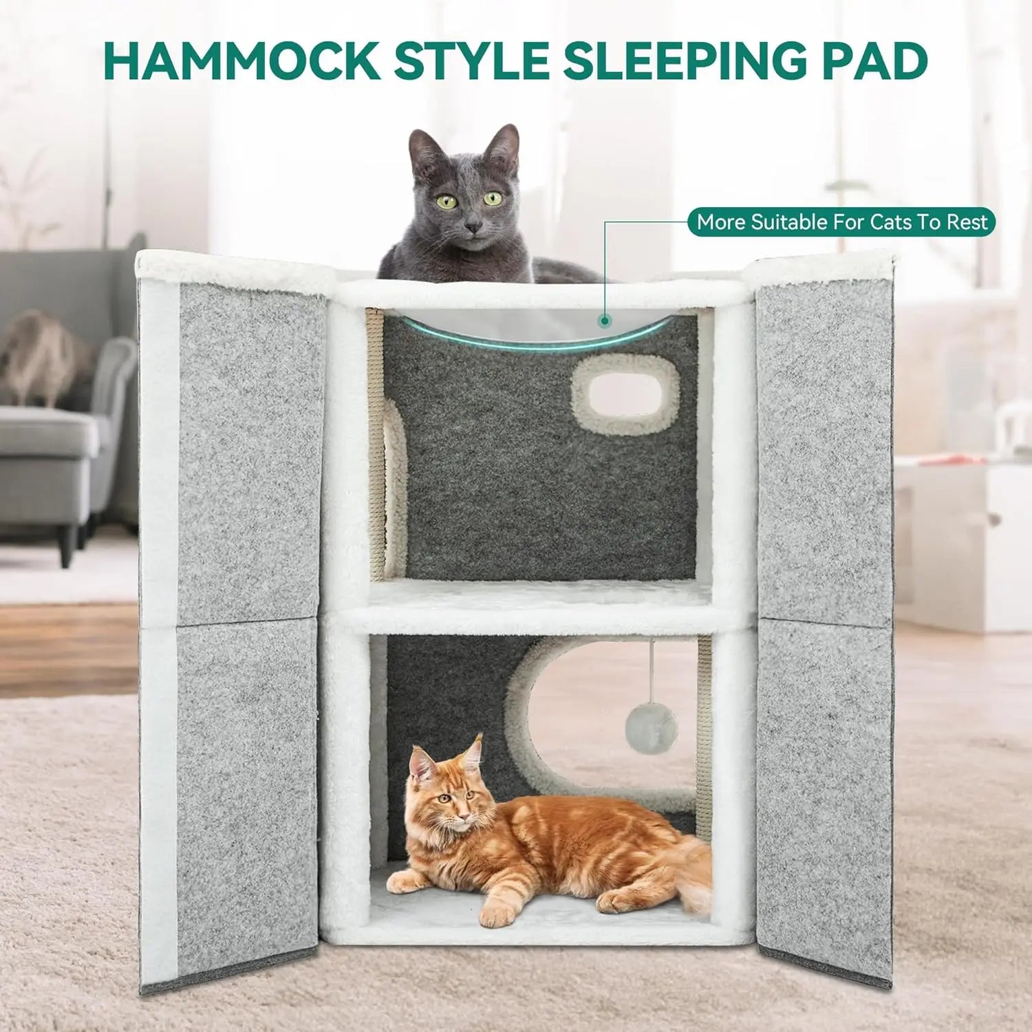 2 Level Cat Bed for Indoor Cats, Cave House with Scratching Post, Climbing Stand, Scratch Pad and Hanging Fluffy Ball, - Love Your Pet Life