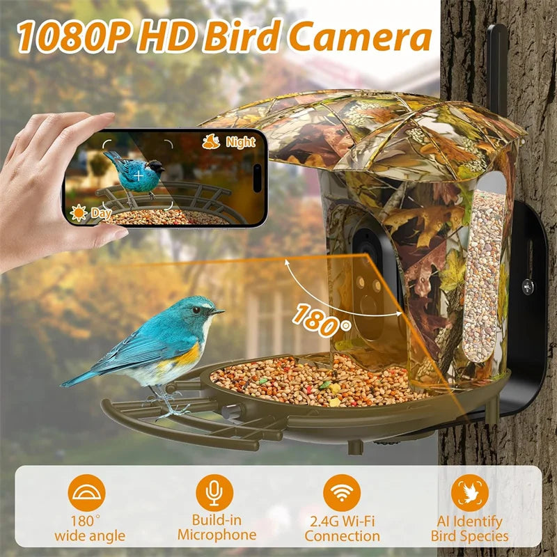 Smart Bird Feeder Camera Solar Powered Bird Watching Camera Wireless Outdoor 1080P HD 7W Solar Panel Bird Species