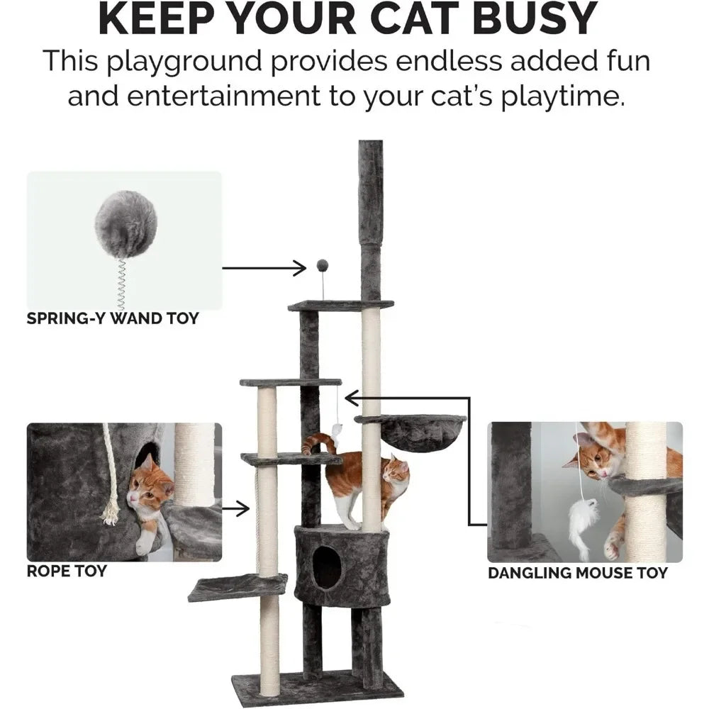 100"-113" Tall Cat Tree for Indoor Cats W/ Adjustable Height Condo Ft. Sisal Scratching Posts One SizeFreight Free Toys - Love Your Pet Life