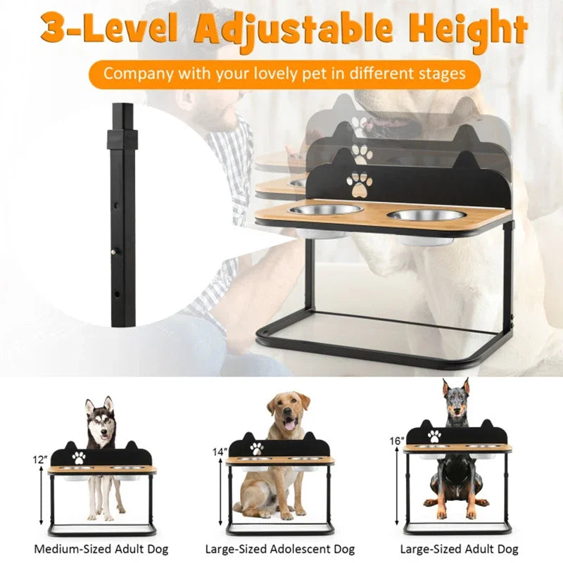 Stable Durable Premium  3 Adjustable Heights Stainless Steel Bowl Pet Dog Bowl Stand with 2 Stainless Steel Food Water Bowls