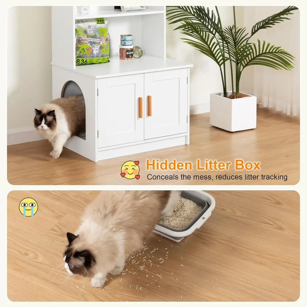 Tall Cat Litter Box with 2-Tier Storage Shelves and Doors, Cat Washroom Furniture, Indoor Cat Litter House, Cabinet, White