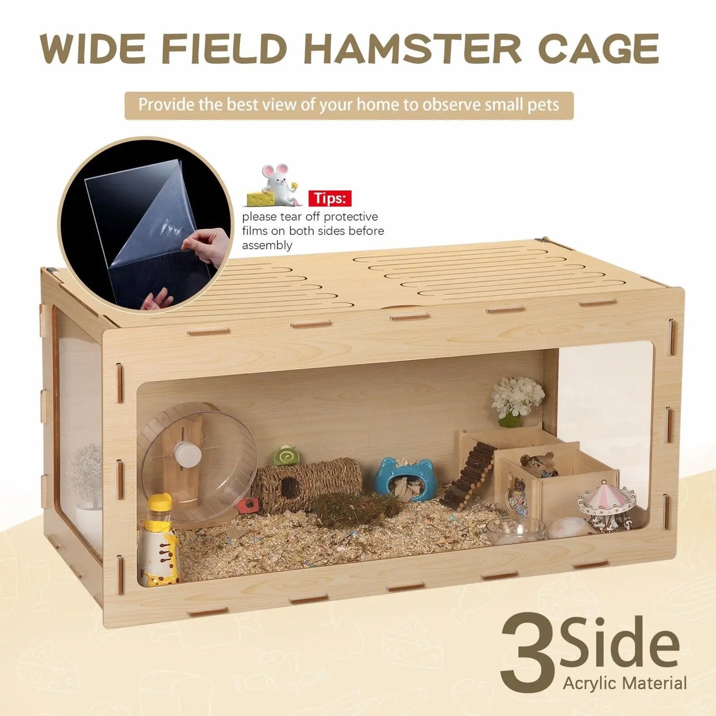 US Large Hamster Cage Hamster Habitat Area Acrylic Window Small Animal Cage Wood-