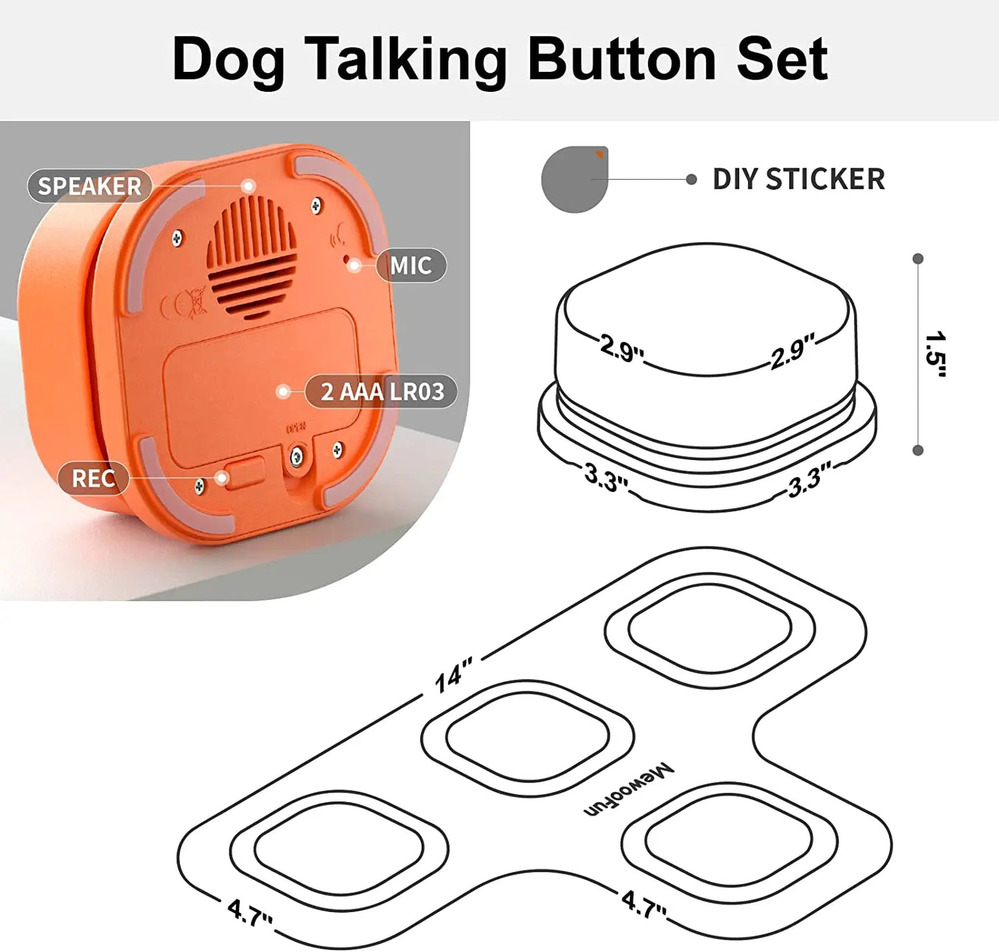 MEWOOFUN Dog Button Record Talking Pet Communication Vocal Training Interactive Toy Bell Ringer With Pad and Sticker Easy To Use