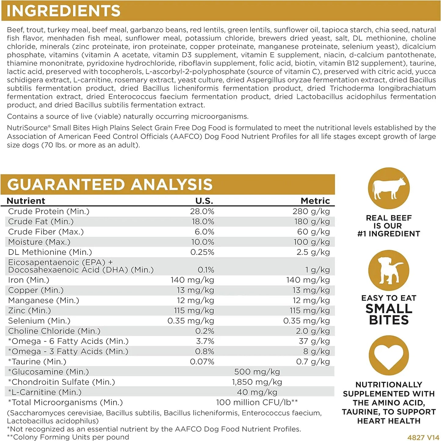 NutriSource High Plains Select Grain-Free Dog Food, Small Bites, Made with Beef, Trout and Turkey Meal, 15LB, Dry Dog Food