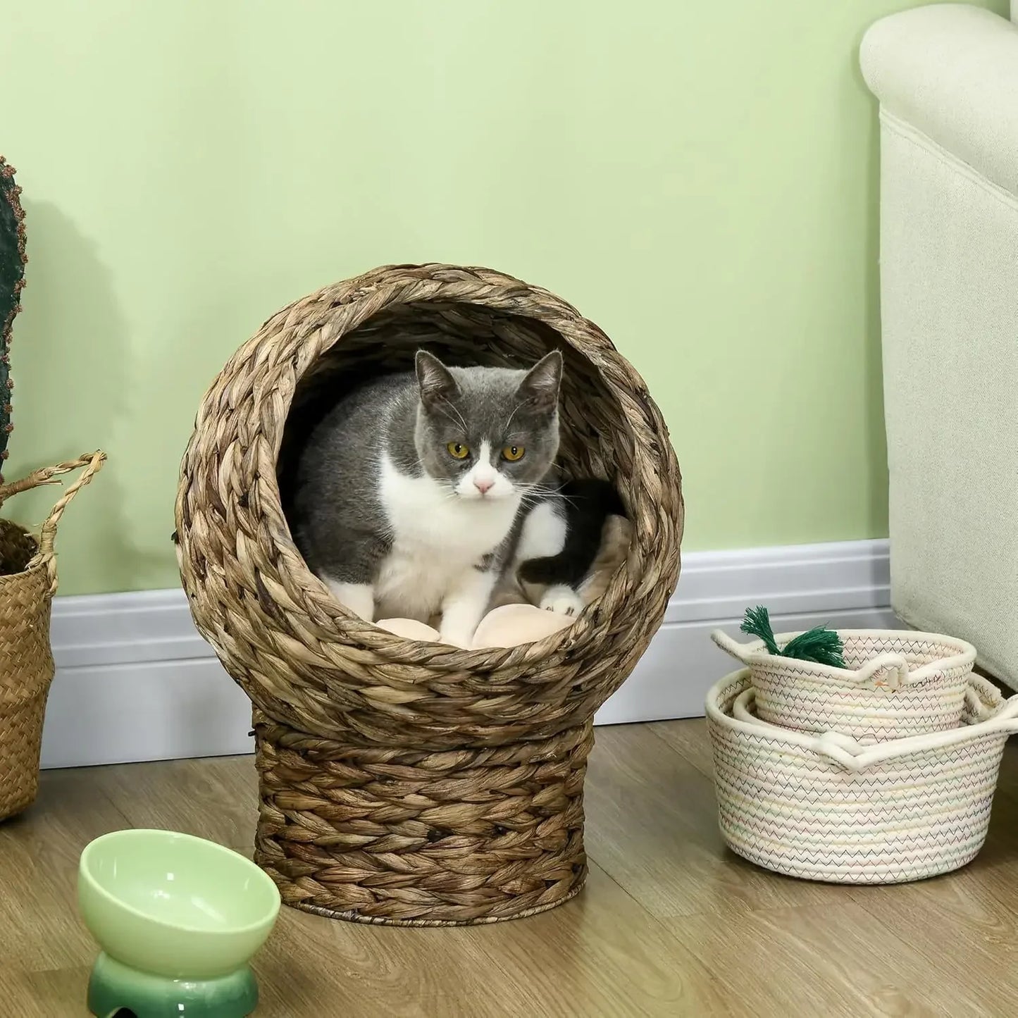 Handwoven Elevated Cat Bed with Soft Cushion & Cat Egg Chair Shape, Cat Basket Bed Kitty House