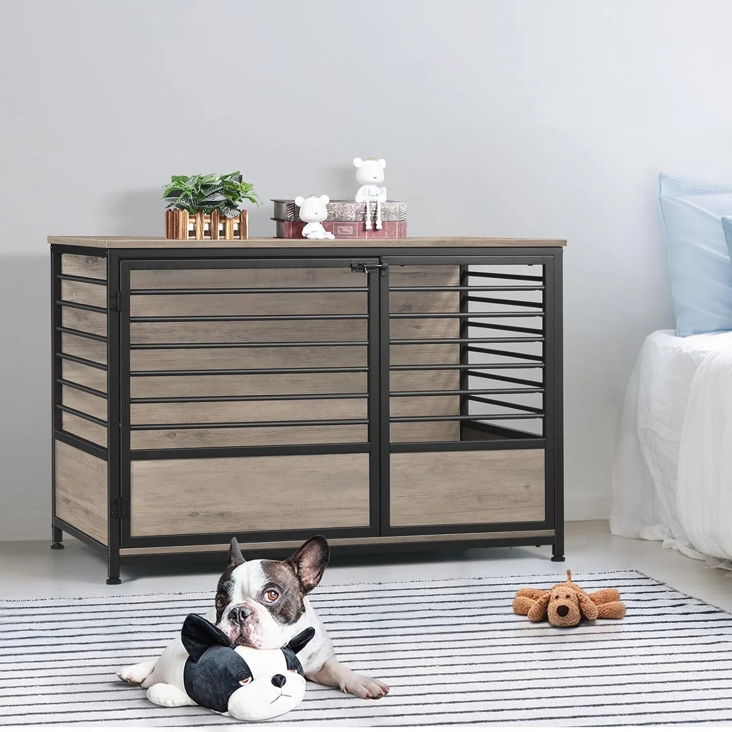 Wooden Heavy Duty Dog Cage Side End Table, Indoor Dog Kennel, Decorative Style Steel Tube Structure Pet Crate House for Dog