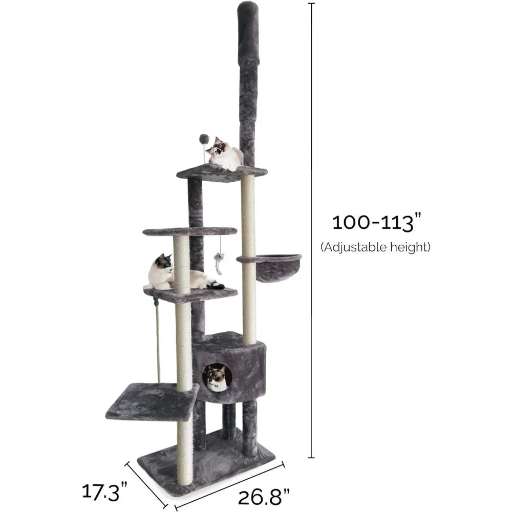 100"-113" Tall Cat Tree for Indoor Cats W/ Adjustable Height Condo Ft. Sisal Scratching Posts One SizeFreight Free Toys - Love Your Pet Life