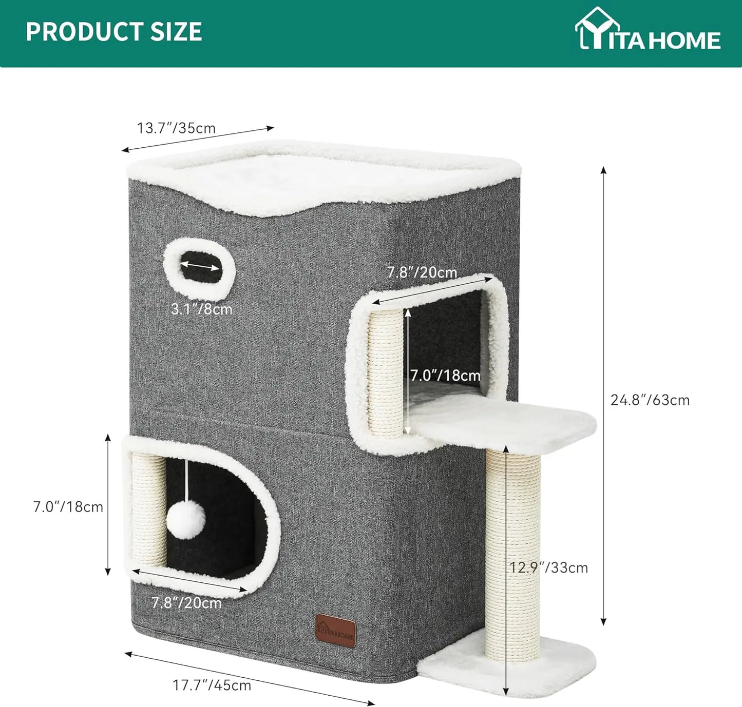 2 Level Cat Bed for Indoor Cats, Cave House with Scratching Post, Climbing Stand, Scratch Pad and Hanging Fluffy Ball, - Love Your Pet Life