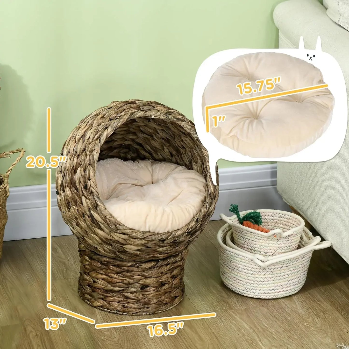 Handwoven Elevated Cat Bed with Soft Cushion & Cat Egg Chair Shape, Cat Basket Bed Kitty House