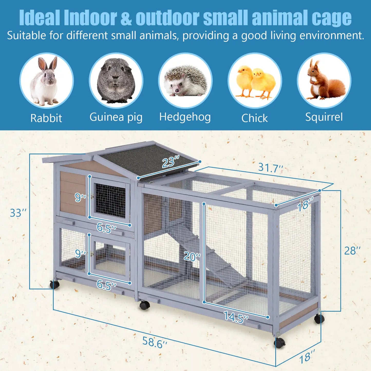 Indoor & Outdoor Large Rabbit Hutch Rabbit Cage Guinea Pig Cage w/ Wheels &Tray - Love Your Pet Life