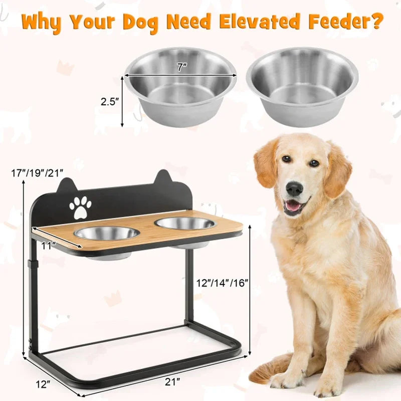 Stable Durable Premium  3 Adjustable Heights Stainless Steel Bowl Pet Dog Bowl Stand with 2 Stainless Steel Food Water Bowls