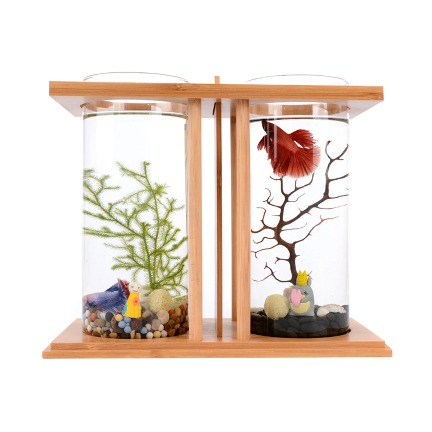 LOYALHEARTDY Dual Glass Desktop Fish Tank Home Office Betta Goldfish Aquarium Set w/ LED Light Ornaments Micro Landscaping Base