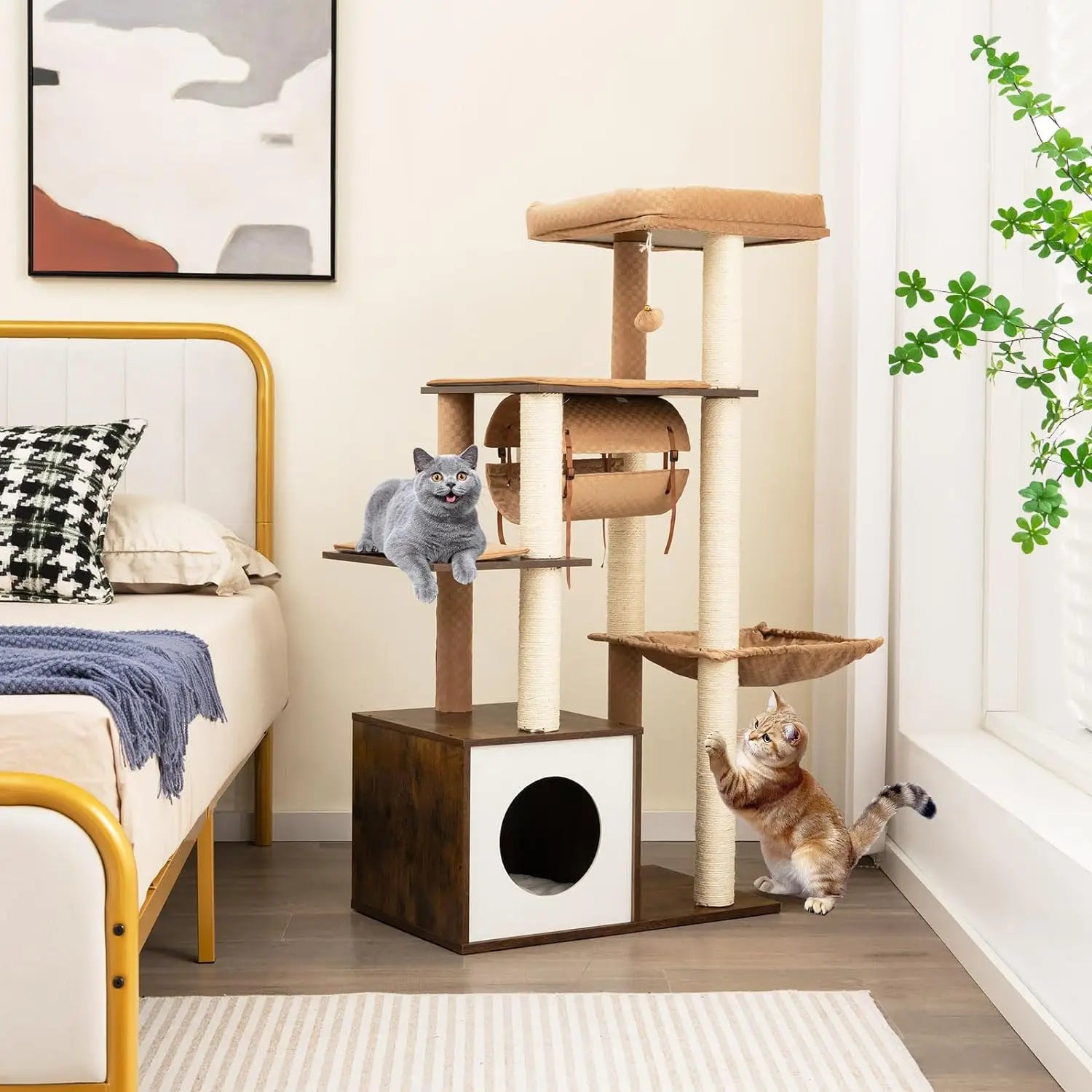 Tangkula Modern Cat Tree for Indoor Cats, 53 Inch Tall Cat Tree Tower with Hammock, Sisal Scratching Posts, Top Perch, Tunnel & - Love Your Pet Life