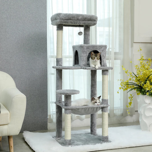 143Cm Tall Multi-Level Cat Tower With Large Hammock (50.8x40.64cm), Sisal Scratching Posts, Cozy Condo & Top Perch  Cat  Tree