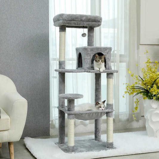 143Cm Tall Multi-Level Cat Tower With Large Hammock (50.8x40.64cm), Sisal Scratching Posts, Cozy Condo & Top Perch  Cat  Tree - Love Your Pet Life