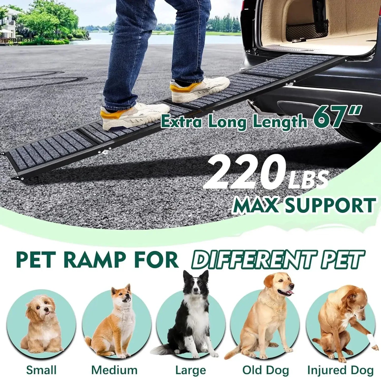 Extra Long 67" Foldable Dog Ramps Large Dogs, Dog Car Ramp with Non-Slip Rug Surface, Pet Ramp Stairs Portable