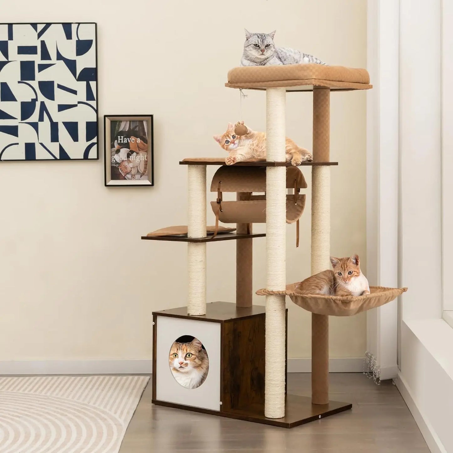 Tangkula Modern Cat Tree for Indoor Cats, 53 Inch Tall Cat Tree Tower with Hammock, Sisal Scratching Posts, Top Perch, Tunnel & - Love Your Pet Life