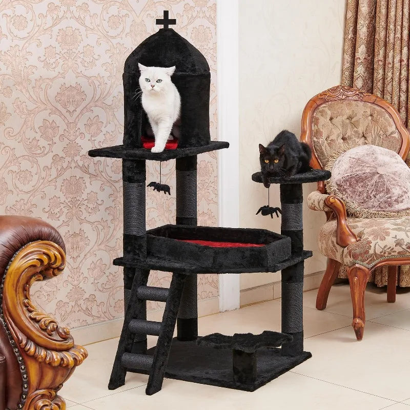 Cat Tree w/ Coffin Bed，55" Cat Tower w/ Spacious Cat Condo，Scratching Posts，Multi-Level Cat Activities Furniture for Large Cats