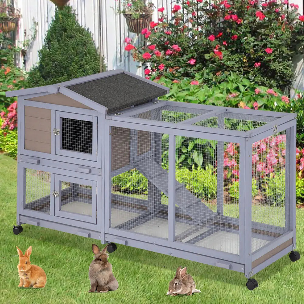 Indoor & Outdoor Large Rabbit Hutch Rabbit Cage Guinea Pig Cage w/ Wheels &Tray - Love Your Pet Life