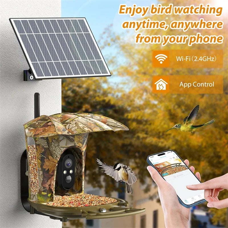 Smart Bird Feeder Camera Solar Powered Bird Watching Camera Wireless Outdoor 1080P HD 7W Solar Panel Bird Species