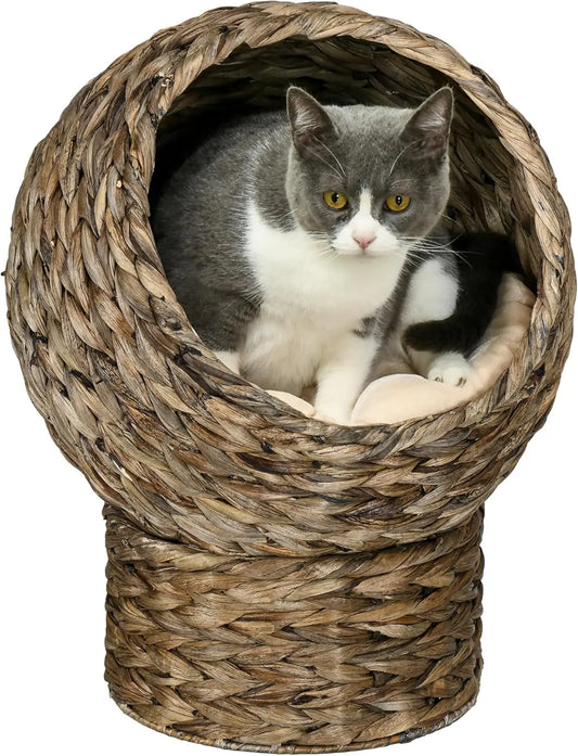 Handwoven Elevated Cat Bed with Soft Cushion & Cat Egg Chair Shape, Cat Basket Bed Kitty House