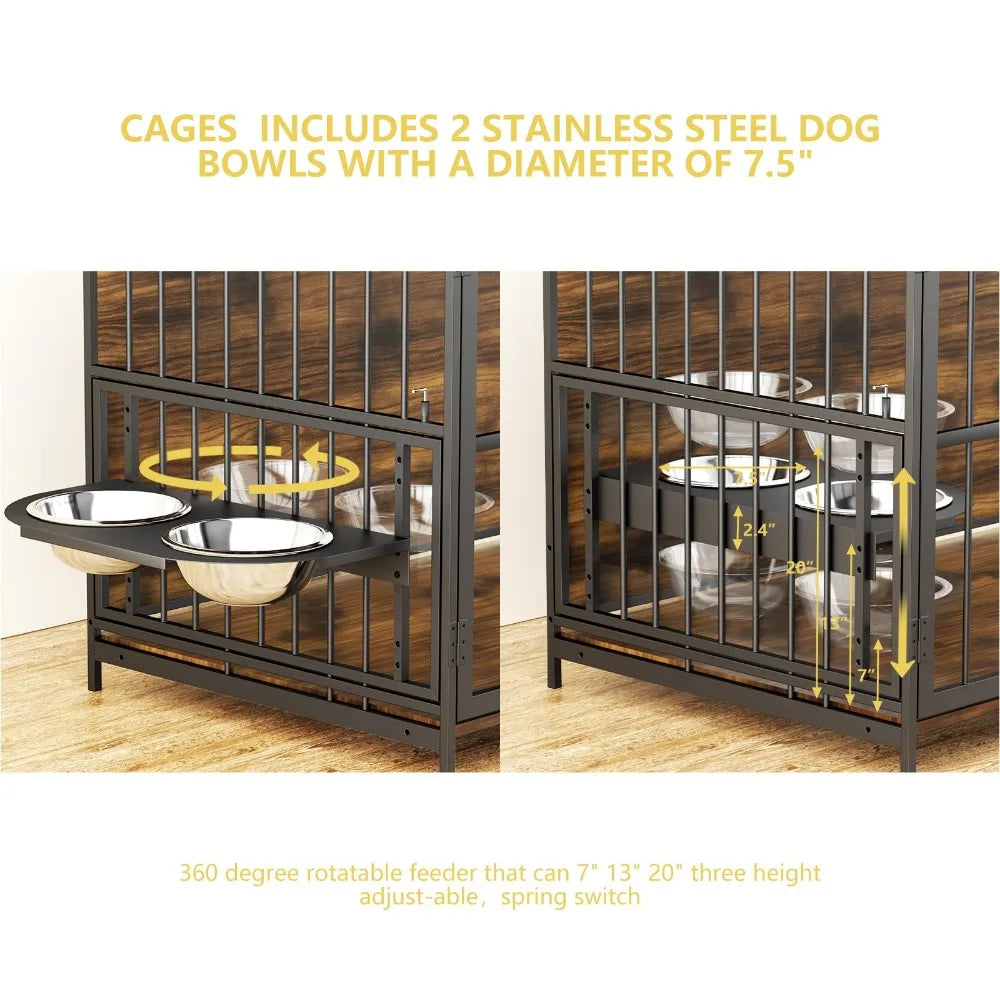 2024 New Dog Crate with Two 360° & Adjustable Stainless Steel Bowls, End Table Dog House, Dog Kennels Indoor Use - Love Your Pet Life