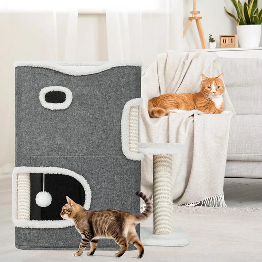 2 Level Cat Bed for Indoor Cats, Cave House with Scratching Post, Climbing Stand, Scratch Pad and Hanging Fluffy Ball,